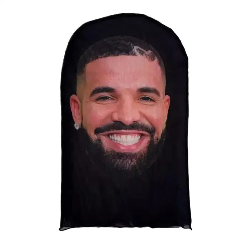 Cagoule masque collant noir avec portrait imprimé de drake visage 3d avec barbe et sourire signature