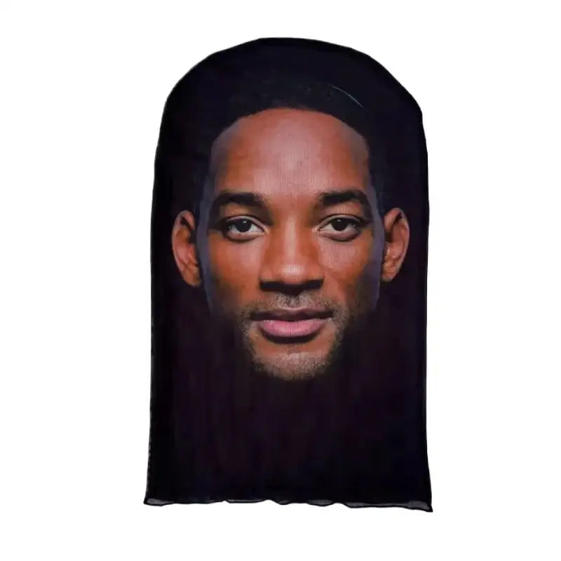 Masque collant visage cagoule en tissu noir avec portrait détaillé de will smith en impression 3d
