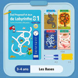 Cahier labyrinthe réutilisable bleu avec pages effaçables et cartes puzzles colorées pour enfants 3-4 ans