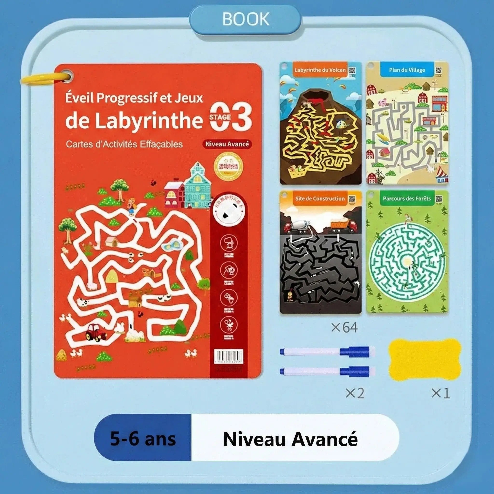 Cahier labyrinthe réutilisable rouge avec dessin de labyrinthe blanc et cartes magnétiques pour enfants 5-6 ans pages effaçables