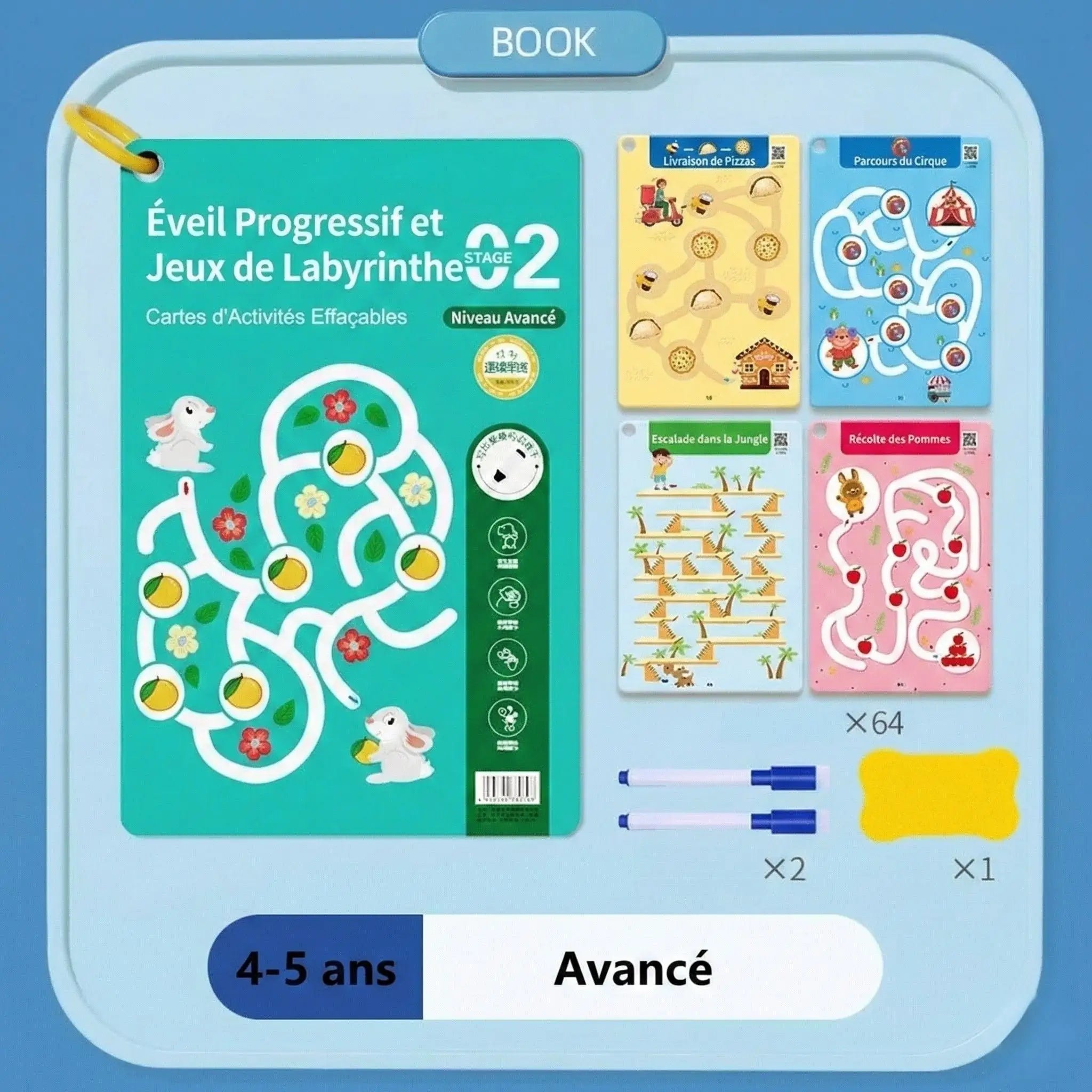 Cahier labyrinthe réutilisable pour enfants vert et teal avec pages effaçables motifs lapins et citrons pour 4-5 ans