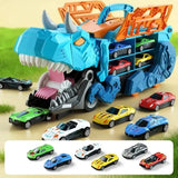 Camion dinosaure transporteur bleu avec accents orange et compartiments multiples pour voitures miniatures colorées pour enfants passionnés