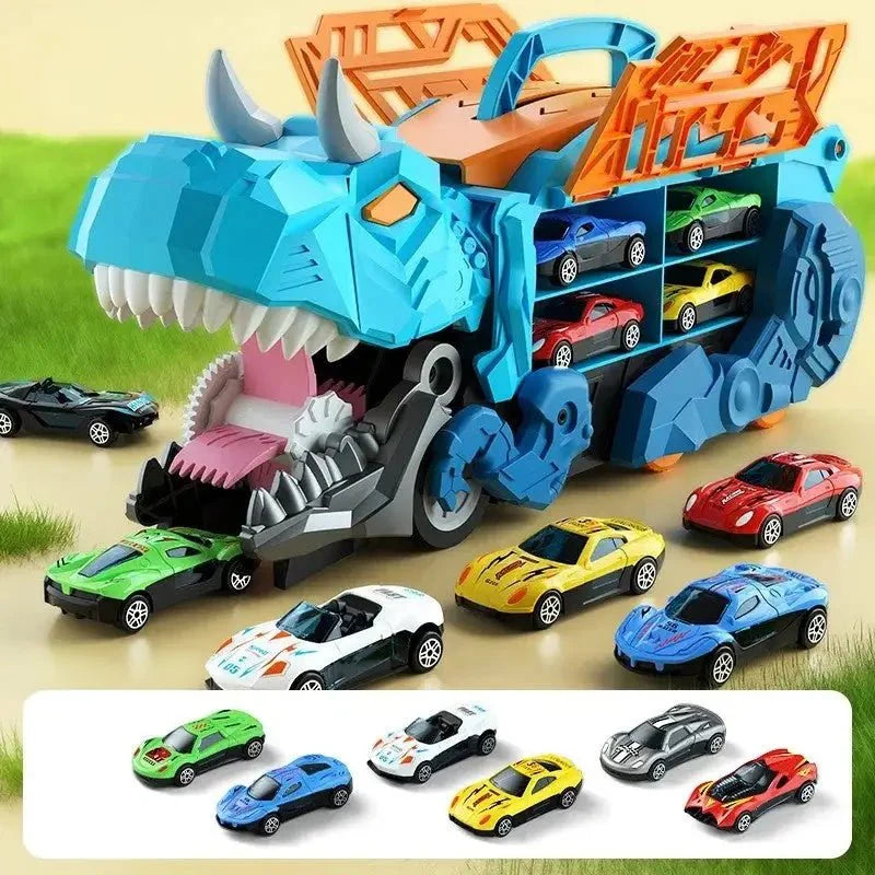 Camion dinosaure transporteur bleu avec accents orange et compartiments multiples pour voitures miniatures colorées pour enfants passionnés