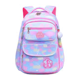 Cartable sac a dos fille primaire impermeable rose et bleu degrade avec motif nuage paillete patch princesse et pompon arc en ciel