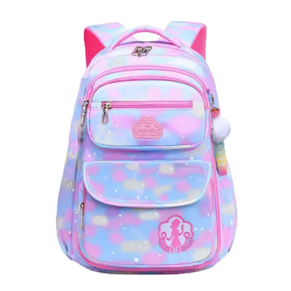 Cartable sac a dos fille primaire impermeable rose et bleu degrade avec motif nuage paillete patch princesse et pompon arc en ciel
