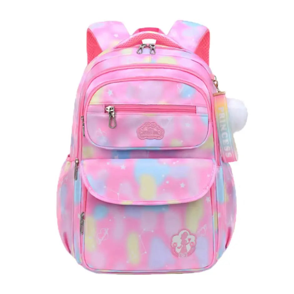 Cartable sac a dos fille primaire imperméable tie dye rose pastel et bleu avec porte-clés nuage peluche sur poche avant