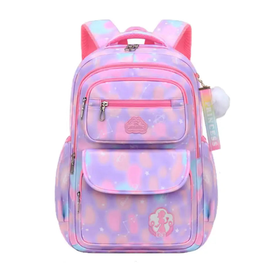 Cartable sac a dos fille primaire imperméable pastel rose et lavande avec patches princesse et pompon douillet