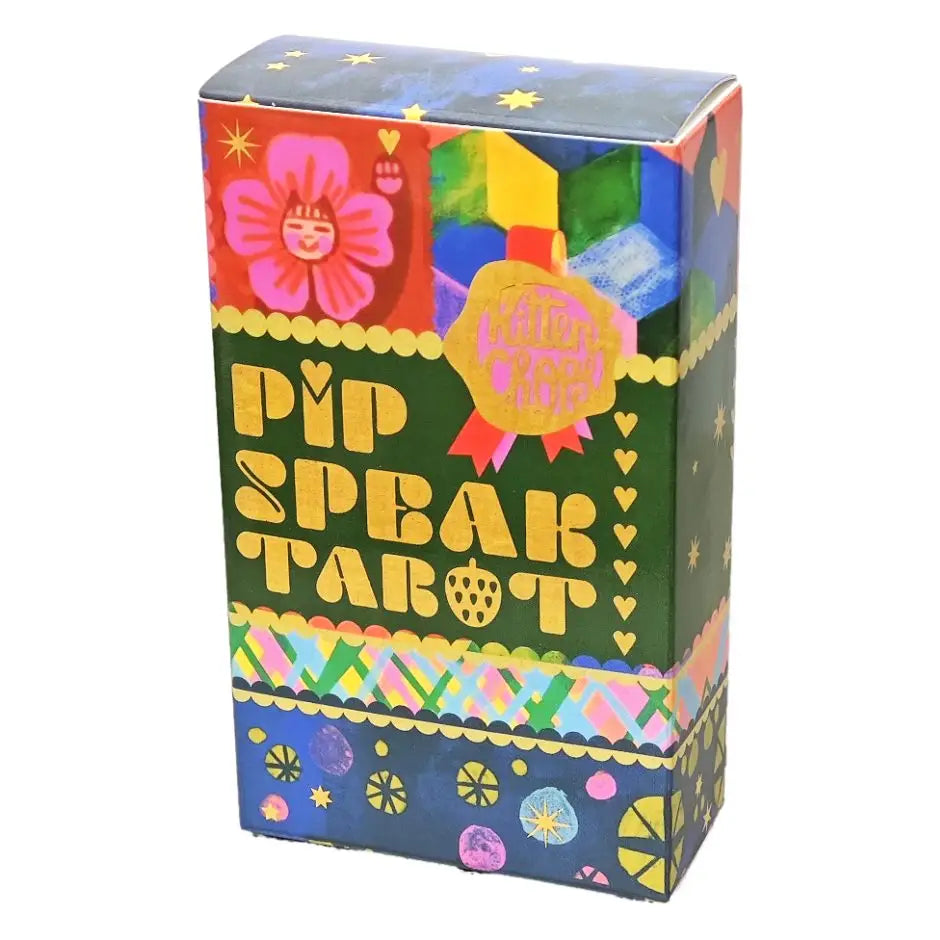 Boîte colorée vibrante pour jeux de carte divinatoire pip speak avec lettrage jaune sur fond vert et illustrations artistiques