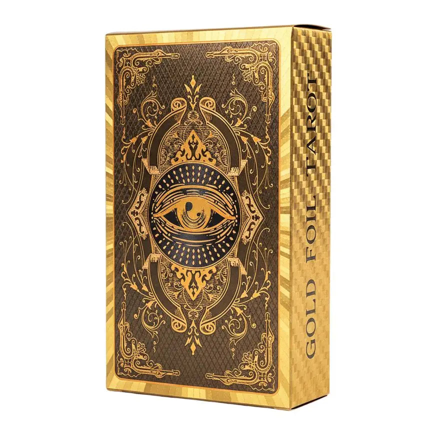 Boîte de cartes oracle feuilles d’or en papier doré avec motif œil central et guide inclus version anglaise