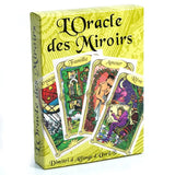Boîte jaune de cartes tarot français oracle des miroirs avec designs colorés et bordures ornées