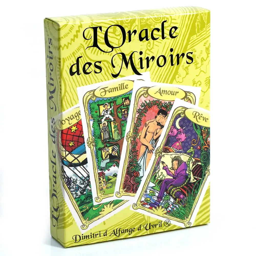 Boîte jaune de cartes tarot français oracle des miroirs avec designs colorés et bordures ornées