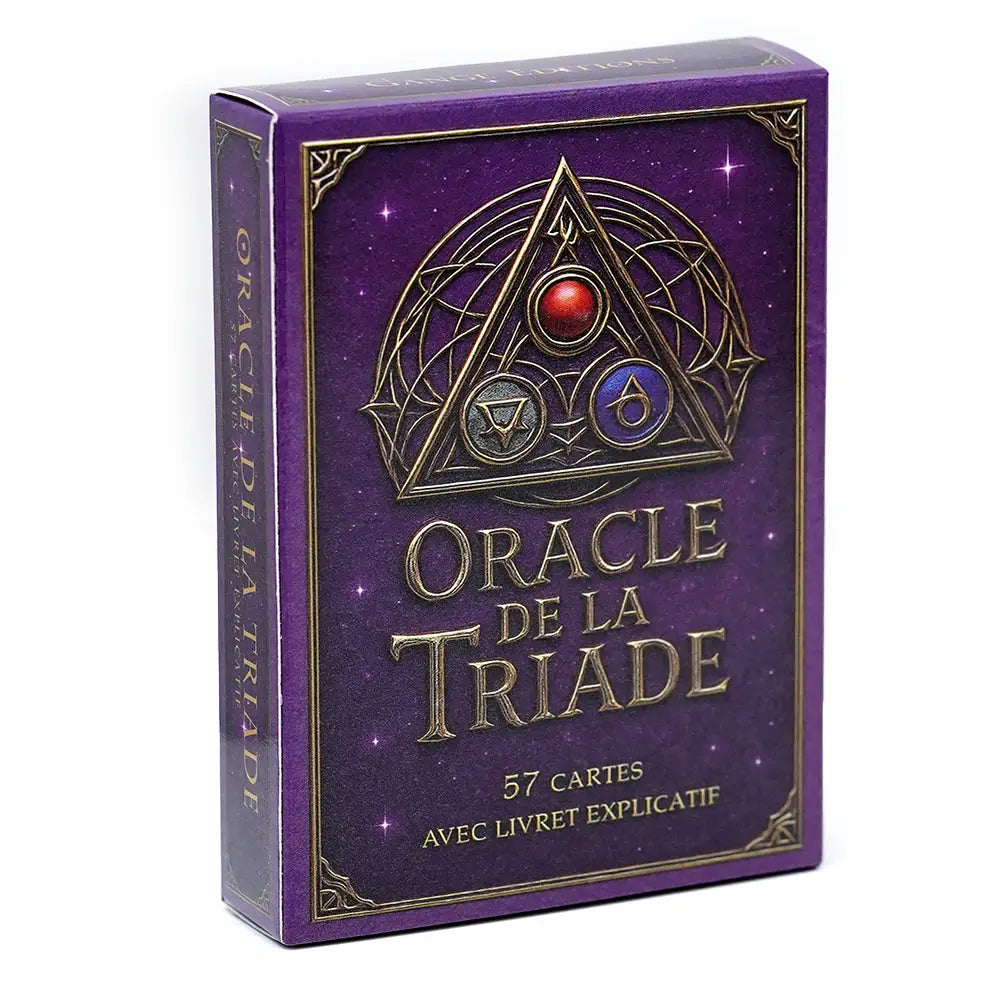 Boîte rectangulaire violette pour cartes tarot oracle de la triade avec texte doré et symboles colorés riche en symbolique