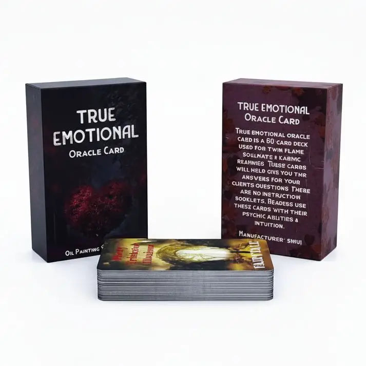 Boîte noire rectangulaire avec texte blanc true emotional oracle card et cœur rouge design peinture à lhuile pour tarots adultes émotions