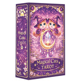 Boîte violette de cartes tarot chats magiques avec deux chats orange en chapeaux de sorcière et arcanes majeurs dorés