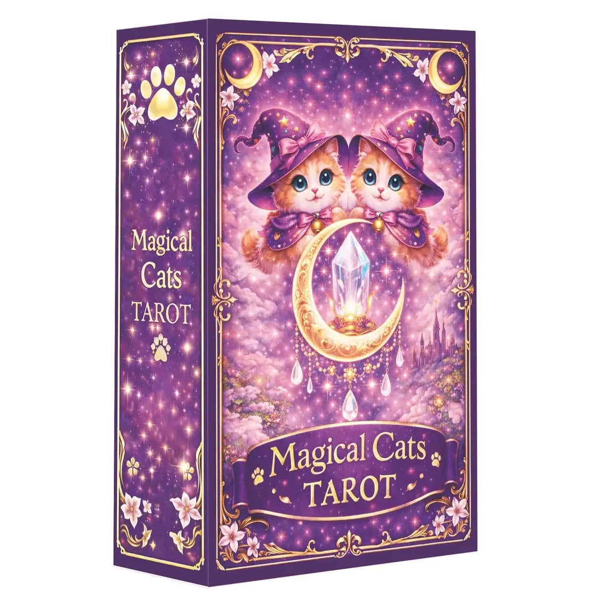 Boîte violette de cartes tarot chats magiques avec deux chats orange en chapeaux de sorcière et arcanes majeurs dorés