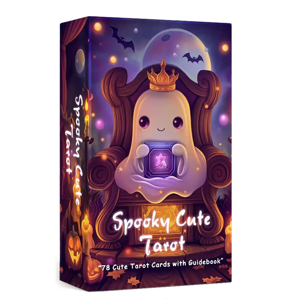 Boîte de cartes tarots debutant anglais spooky avec fantôme en peluche crème aux yeux violets et couronne dorée