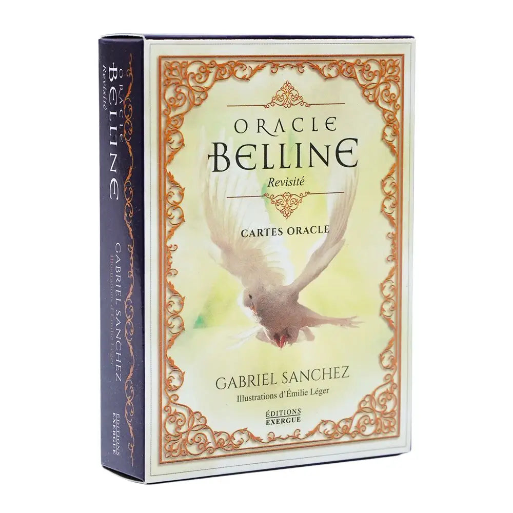 Cartes oracle belline revisited avec bordure ornementale dorée et colombe blanche en vol sur fond jaune doux