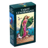 Boîte verte foncée contenant un tarot lenormand multilingue avec illustration femme tenue déguisement carnaval
