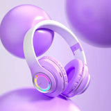 Casque audio bluetooth pastel violet et blanc avec anneau lumineux rgb pour gamers exigeants latence ultra-faible