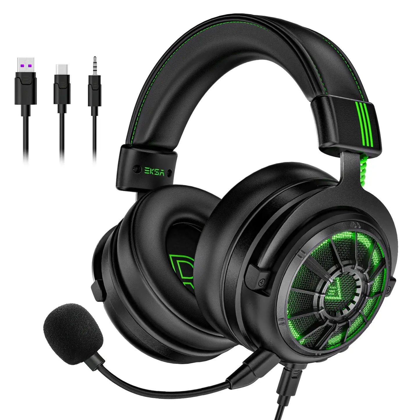 Casque audio pc gamer e5000 pro noir avec led verte et micro détachable casque gaming filaire eksa starengine pro