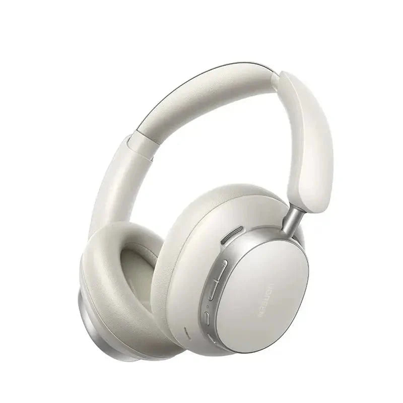 Casque audio bluetooth crème à réduction active du bruit avec design épuré et accents métalliques sur les écouteurs