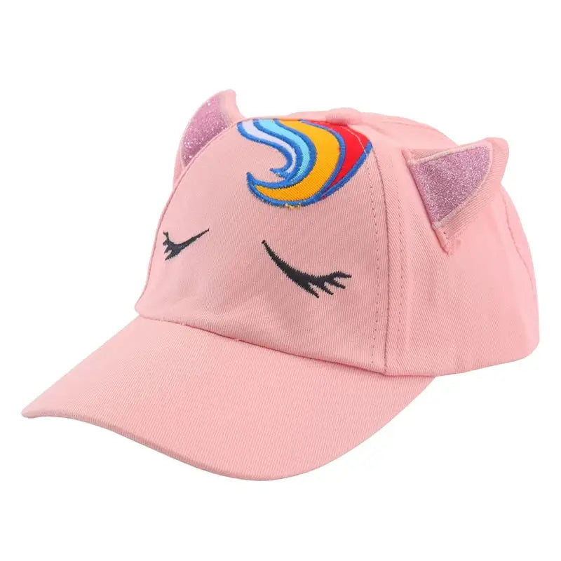 Casquette baseball licorne rose avec oreilles pailletées et crinière arc-en-ciel brodée sur le devant