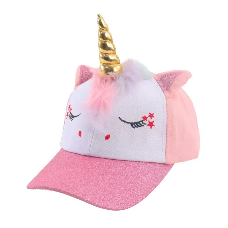 Casquette baseball licorne arc-en-ciel rose et blanc pailletée avec corne dorée, oreilles roses et yeux brodés