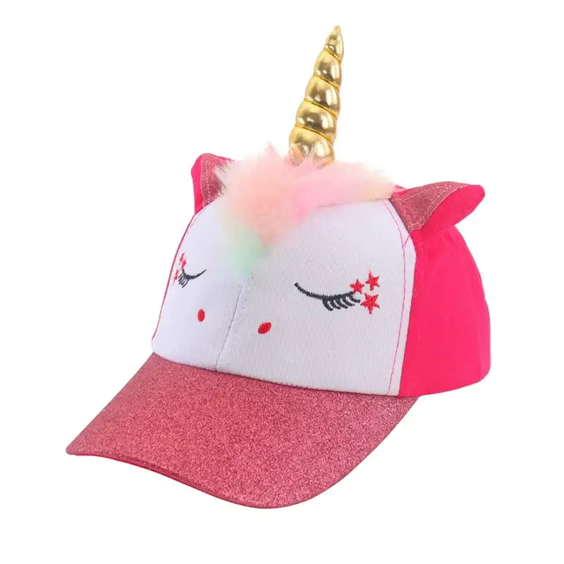 Casquette baseball licorne arc-en-ciel rose et blanche avec visière pailletée et corne dorée sur crinière pastel