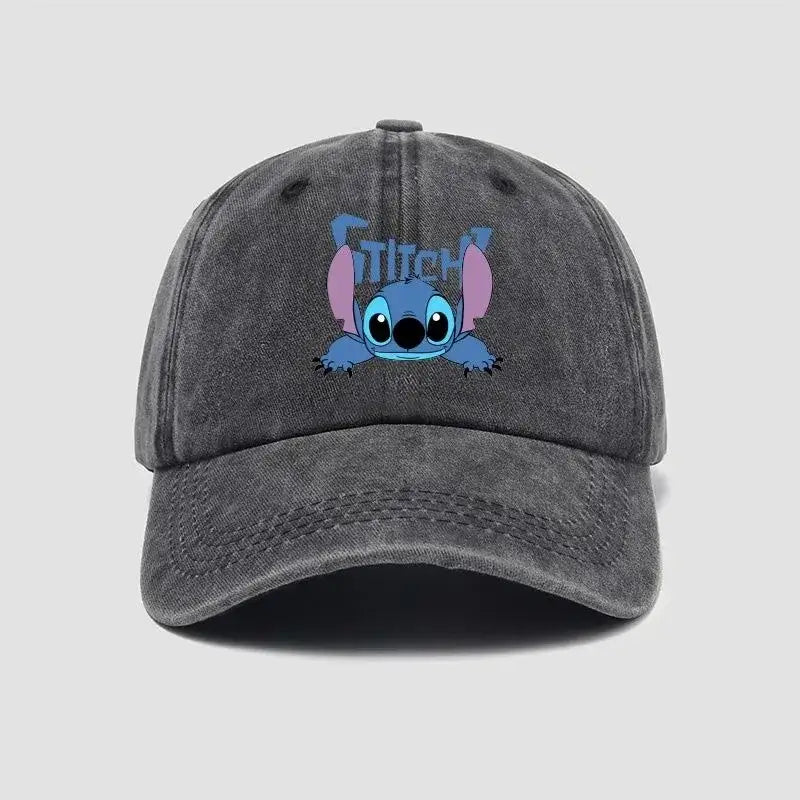 Casquette baseball unisexe en coton gris foncé avec personnage stitch bleu brodé sur le devant avec oreilles roses