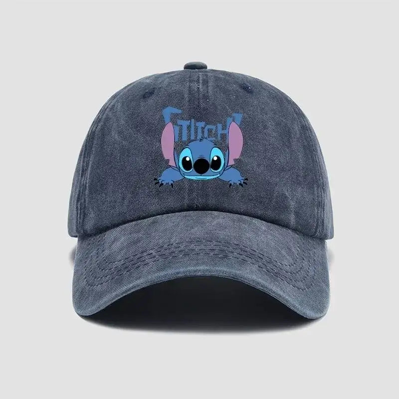 Casquette baseball unisexe disney stitch en jean bleu délavé avec personnage stitch imprimé et couture rose en coton