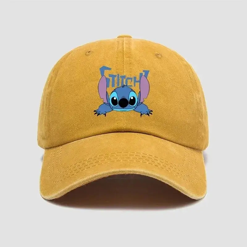 Casquette baseball unisexe disney stitch en coton jaune moutarde avec broderie personnage stitch bleu et inscription stitch