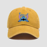 Casquette baseball unisexe disney stitch en coton jaune moutarde avec broderie personnage stitch bleu et inscription stitch