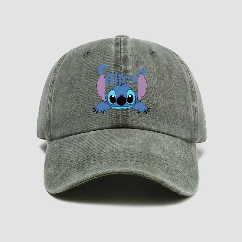Casquette baseball unisexe disney stitch en coton gris avec personnage stitch brodé en bleu sur le devant