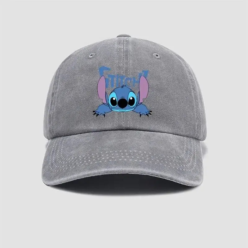 Casquette baseball unisexe disney stitch en coton gris avec personnage stitch bleu aux oreilles roses visible devant