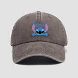 Casquette baseball unisexe disney stitch en coton gris délavé avec broderie personnage stitch bleu sur le devant