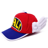 Casquette coton enfant anime dr slump rouge et bleue avec main peluche blanche et patch noir jaune alf