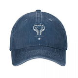 Casquette death stranding fragile en coton bleu foncé avec logo blanc brodé mains squelettiques et texte handled with love
