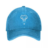 Casquette death stranding fragile en denim bleu délavé avec logo brodé blanc fragile et texte handled with love