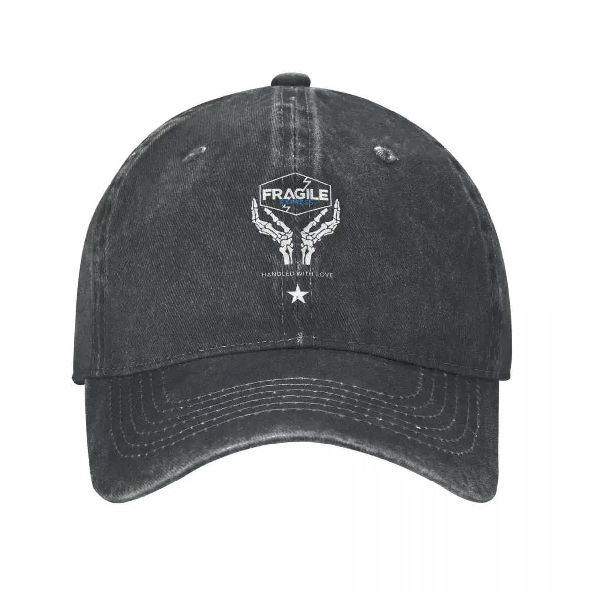 Casquette death stranding fragile noire en coton avec logo brodé mains squelettiques et texte sam porter bridges