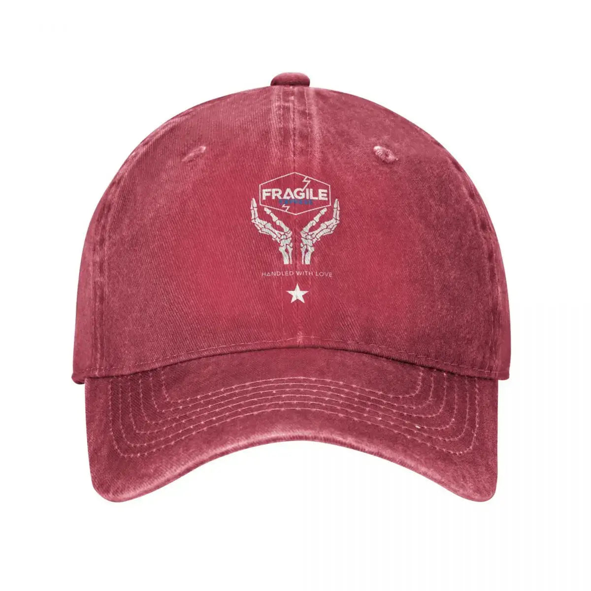 Casquette death stranding fragile maroon avec logo brodé fragile et mains squelettiques sam porter bridges