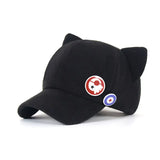Casquette eva evangelion noire à oreilles de chat en peluche avec deux patchs rouges blancs bleus pour fans d’anime shikinami asuka langley