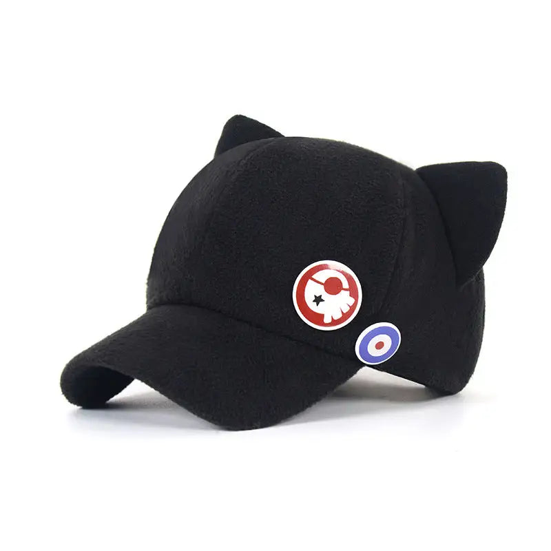 Casquette eva evangelion noire à oreilles de chat en peluche avec deux patchs rouges blancs bleus pour fans d’anime shikinami asuka langley
