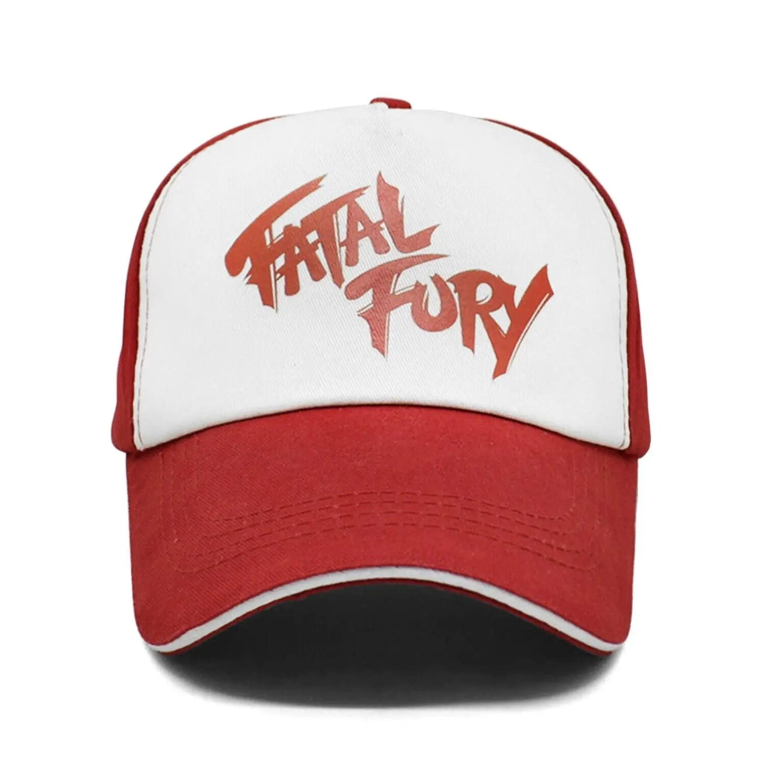 Red and white casquette king of fighters featuring fatal fury in bold orange graffiti lettering for terry bogard fans
