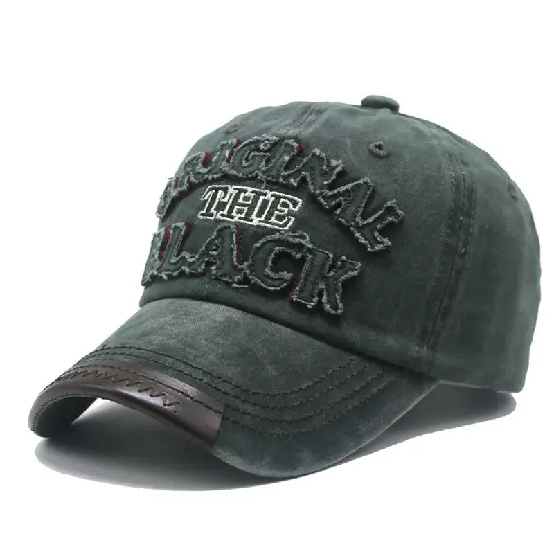 Casquette mode original unisexe en tissu durable vert foncé avec lettrage brodé et bordure en cuir marron
