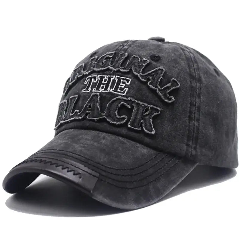 Casquette mode original unisexe noire distressed avec lettrage brodé original the black en tissu durable