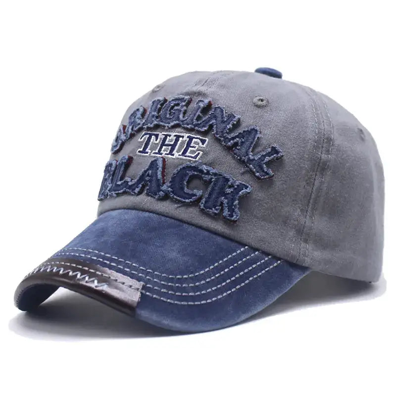 Casquette mode original unisexe en tissu durable gris et bleu marine avec broderie vintage originale the black