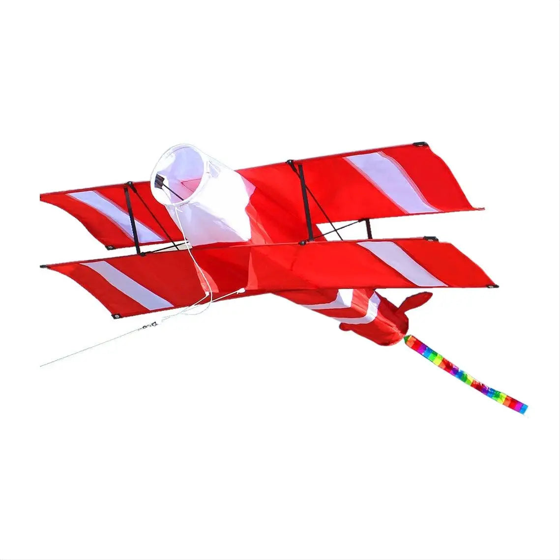 Cerf-volant haute qualité avion rouge 3d avec rayures blanches diagonales et queue arc-en-ciel en tissu résistant