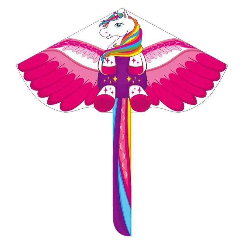 Cerf-volant licorne vibrant rose et multicolore avec ailes étoiles et longue queue idéal pour activité divertissante en zone ouverte