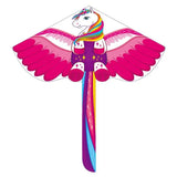 Cerf-volant licorne vibrant rose et multicolore avec ailes étoiles et longue queue idéal pour activité divertissante en zone ouverte