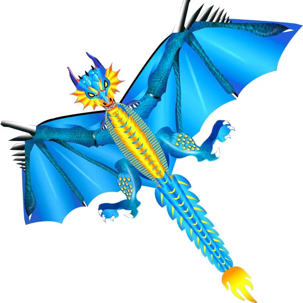 Cerfs-volants dragon feu vibrant bleu et jaune avec écailles détaillées ailes épineuses et queue enflammée dragons ardents